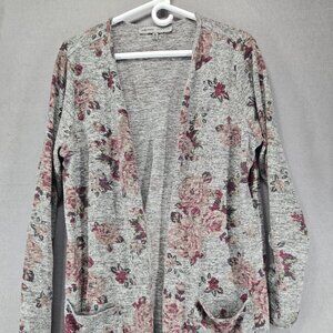 Absolutely Famous Long Cardigan, Heather Gray/Pink Floral, Pockets, XL